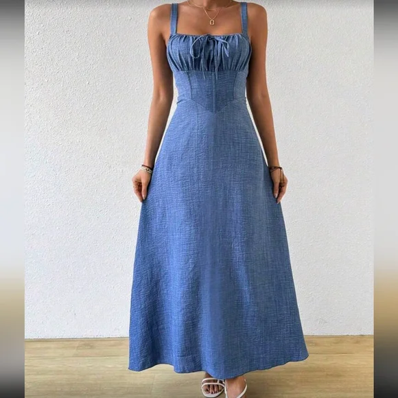 Pleated Bust Tie Strap Cami Dress Maxi Vacation Beach Outfits Women - Picture 3 of 5